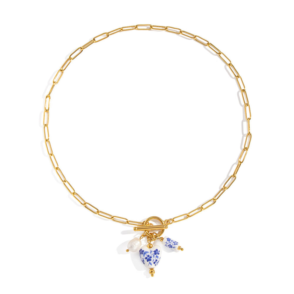 1 Piece Ceramic Flower Stainless Steel Waterproof Gold Color Pendant Necklace h5Picture5