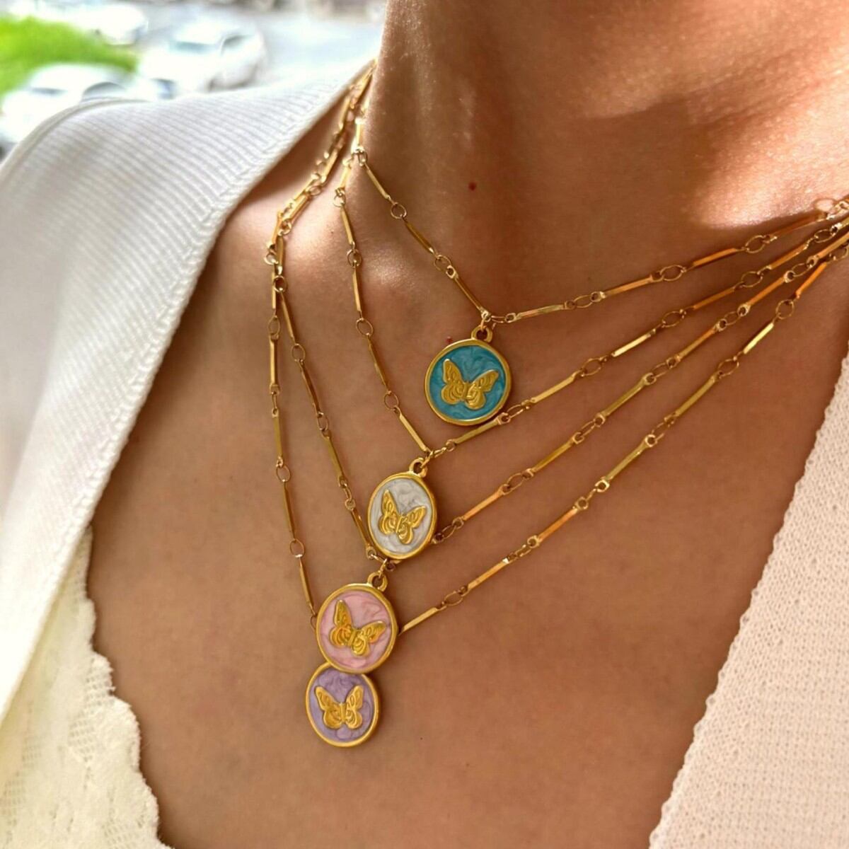 1 Piece Enamel Butterfly Stainless Steel Waterproof Gold Color Pendant Necklace 2