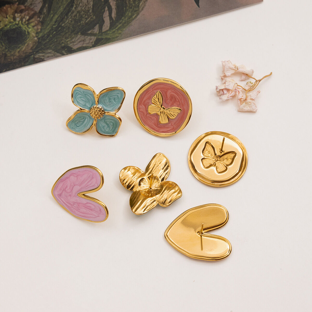 1 Pair Gorgeous Flower Stainless Steel Waterproof Gold Color Women's Stud Earrings h5 Picture6