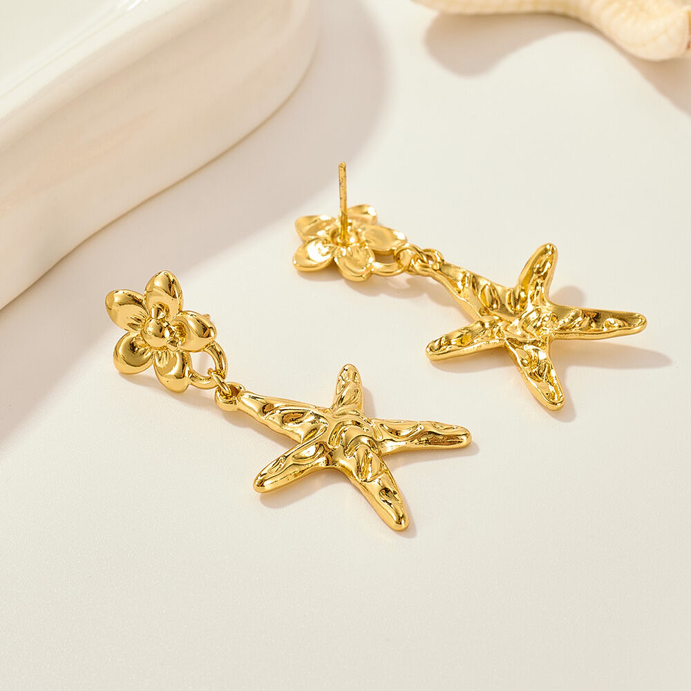 1 paio di orecchini pendenti da donna in acciaio inossidabile a forma di stella marina, impermeabili, color oro h5 Immagine4