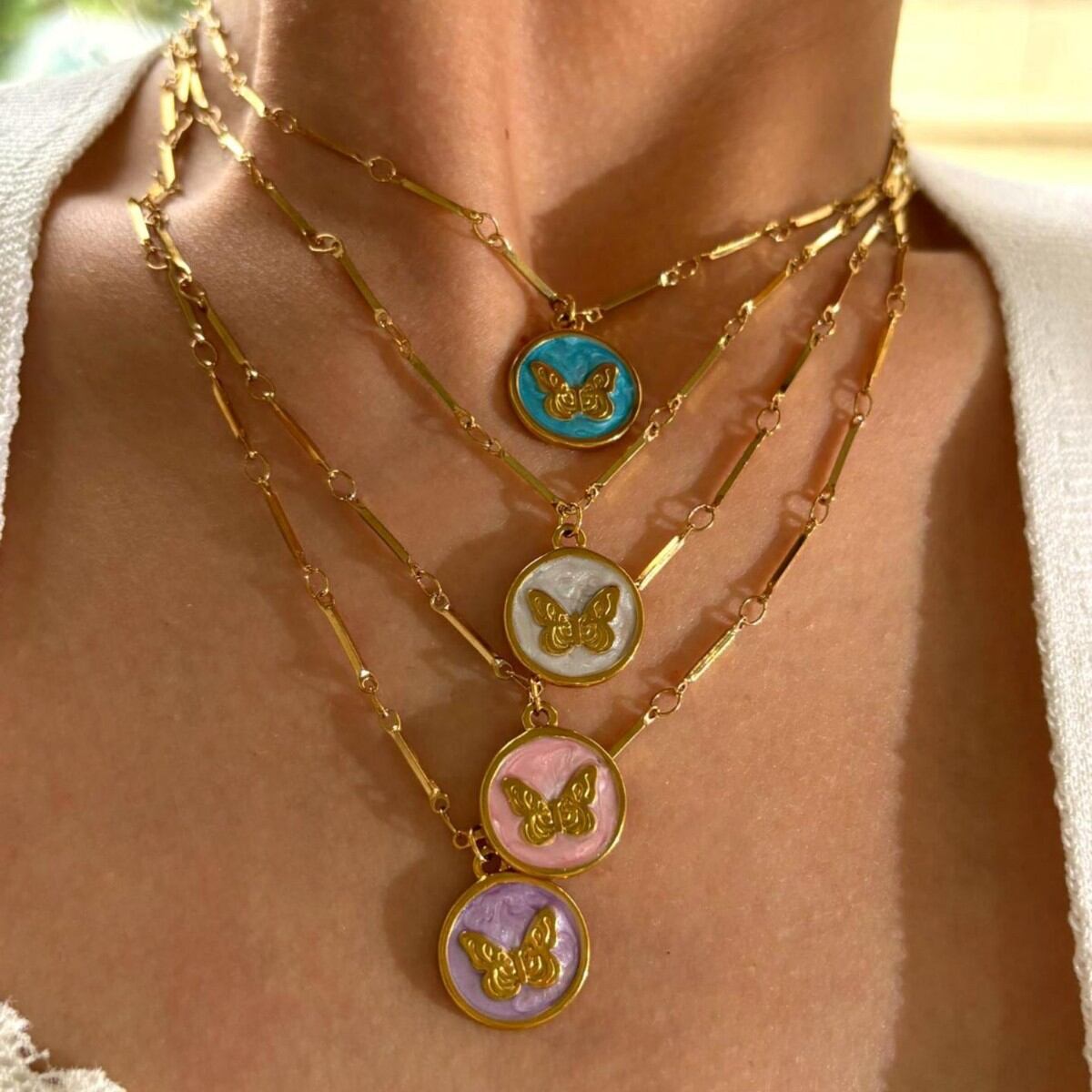1 Piece Enamel Butterfly Stainless Steel Waterproof Gold Color Pendant Necklace