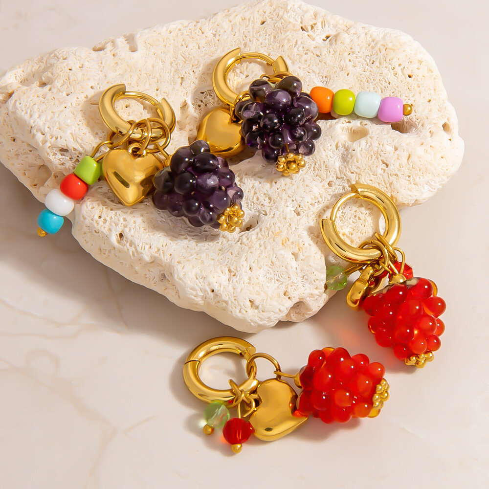 1 pezzo di orecchini pendenti in acciaio inossidabile con frutta carina, impermeabili, color oro Immagine3