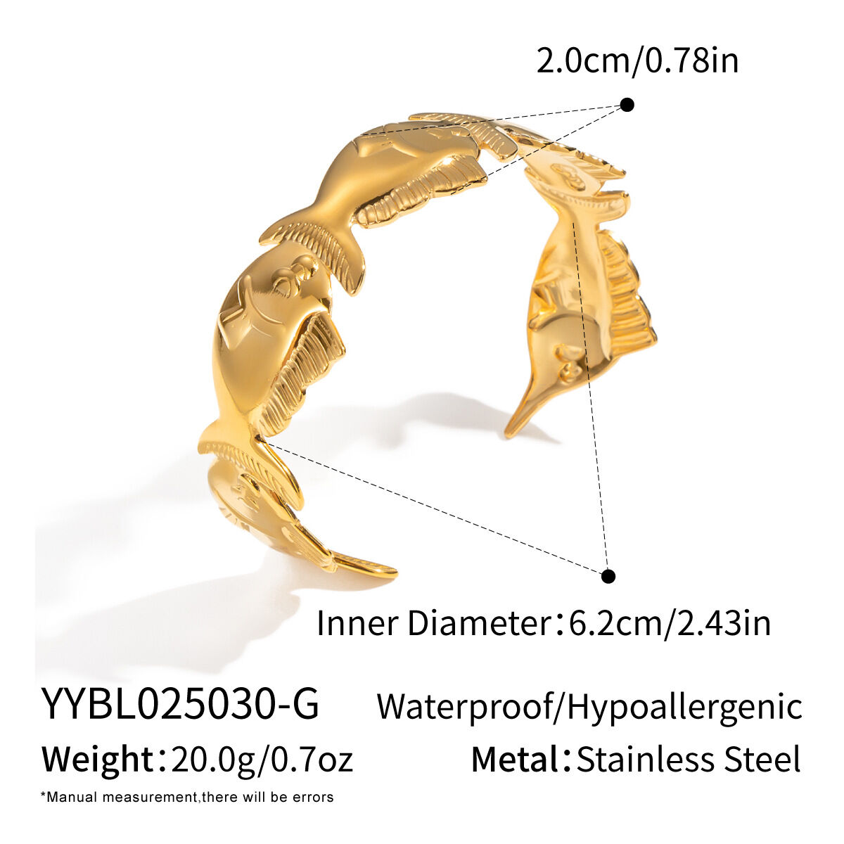 1 Stück Fisch-Armband aus Edelstahl, wasserdicht, goldfarben h5 