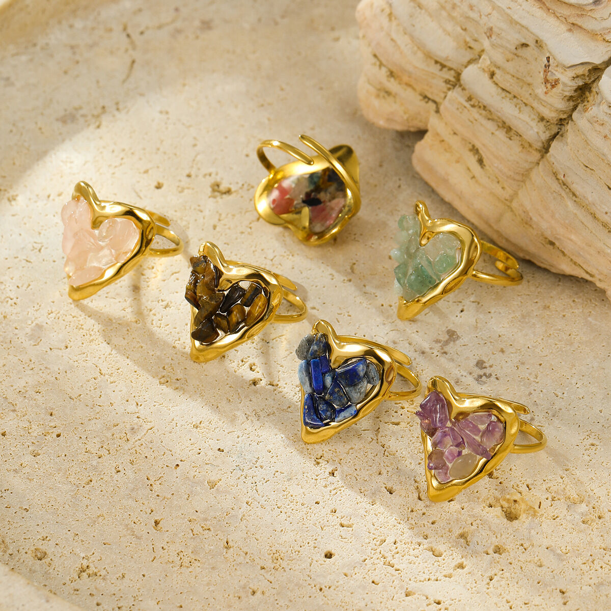 Heart Stainless Steel Waterproof Gold Color Women's Adjustable Rings 2