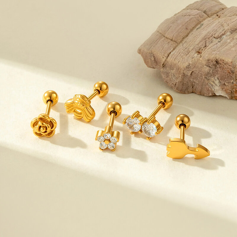 1 Piece Simple Stainless Steel Waterproof Gold Color Zircon Piercings Earring
