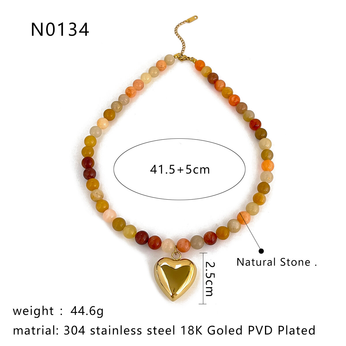 1 Piece Stainless Steel Waterproof Heart Natural Stone Pendant Necklace Picture2