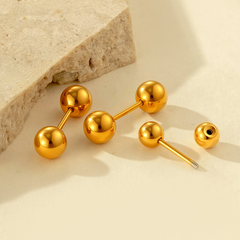 1 par de pendientes de piercing esféricos sencillos de acero inoxidable, resistentes al agua, color dorado, para mujer h5 Imagen3