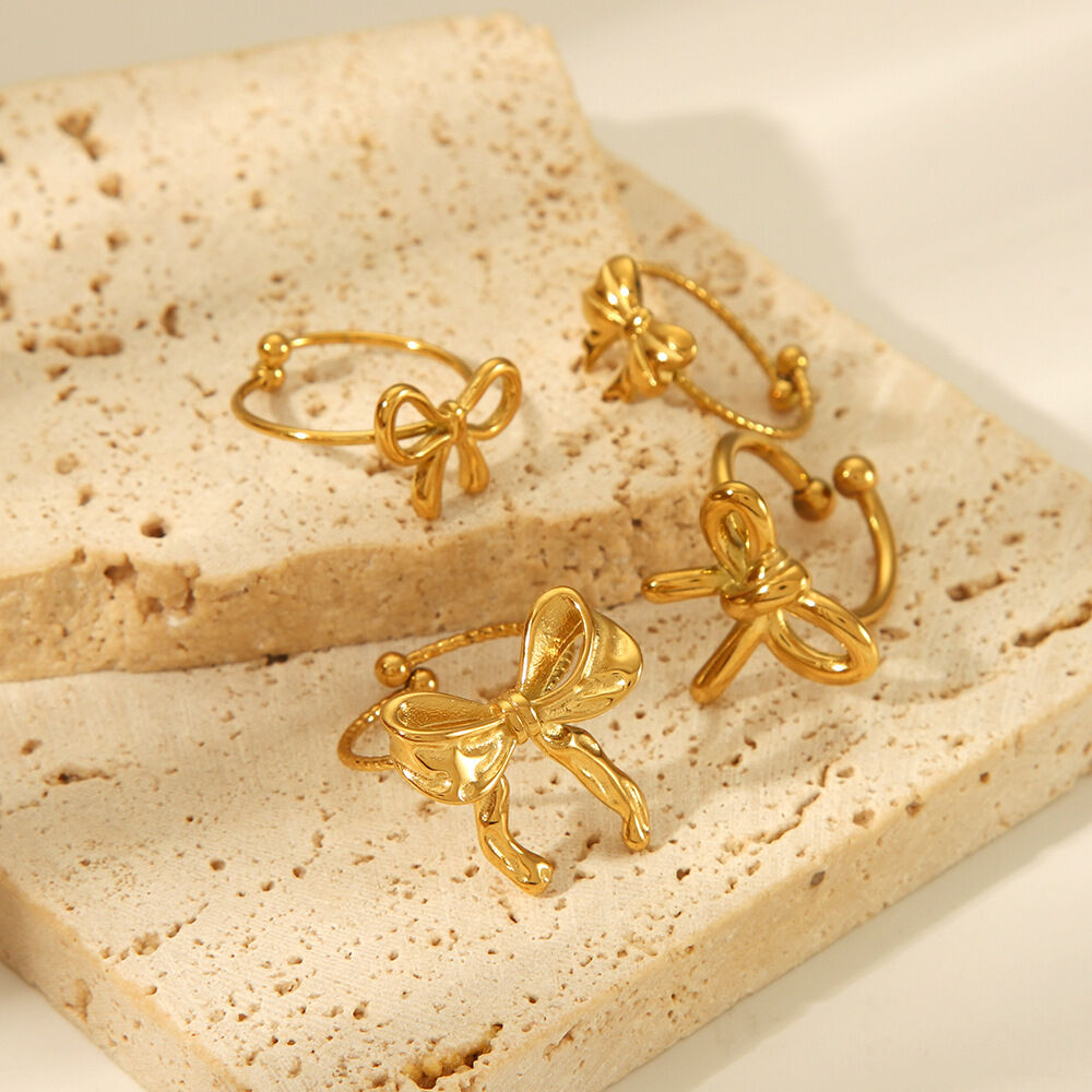 1 Piece Sweet Bow Knot Stainless Steel Waterproof  Gold Color  Adjustable Ring