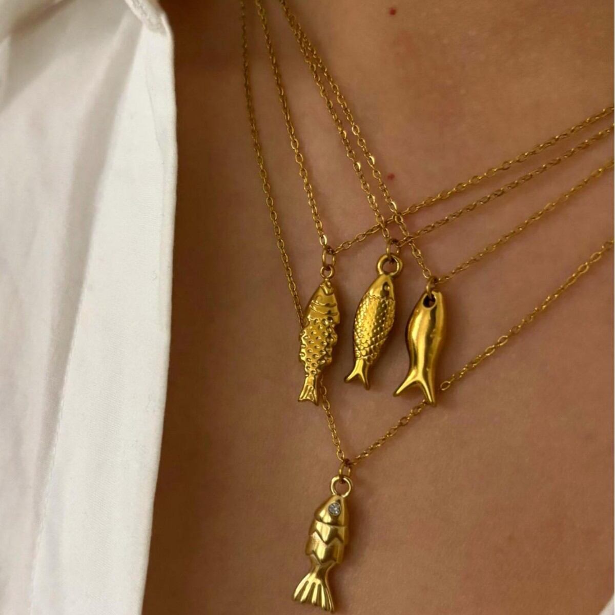 Collana con ciondolo color oro impermeabile in acciaio inossidabile a forma di pesce, 1 pezzo 2