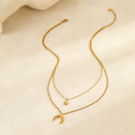 Eleganti collane a strati da donna in acciaio inossidabile con sole/luna, impermeabili, color oro 2
