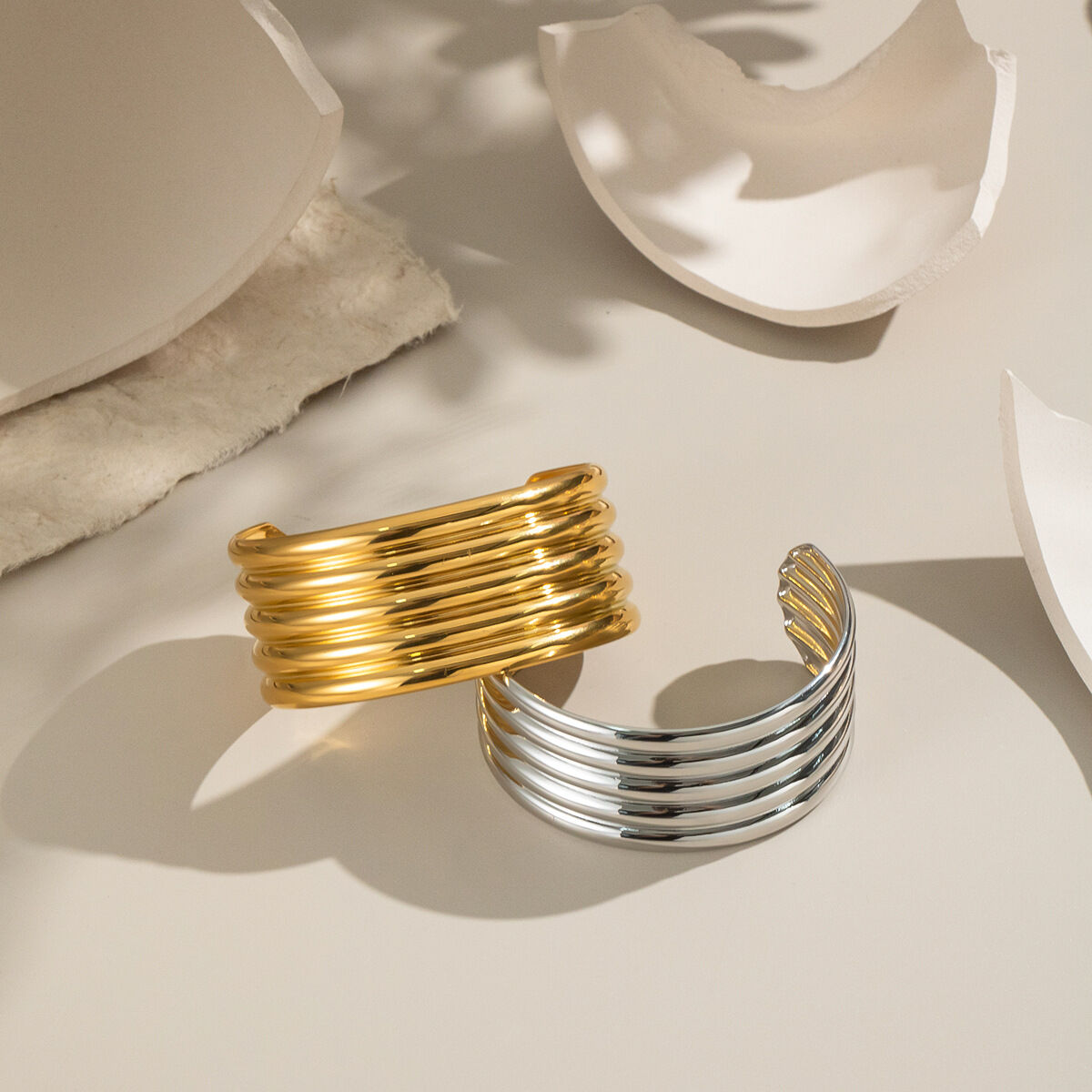 1 Piece Stripe Stainless Steel Waterproof Gold Color Cuff Bracelet 2