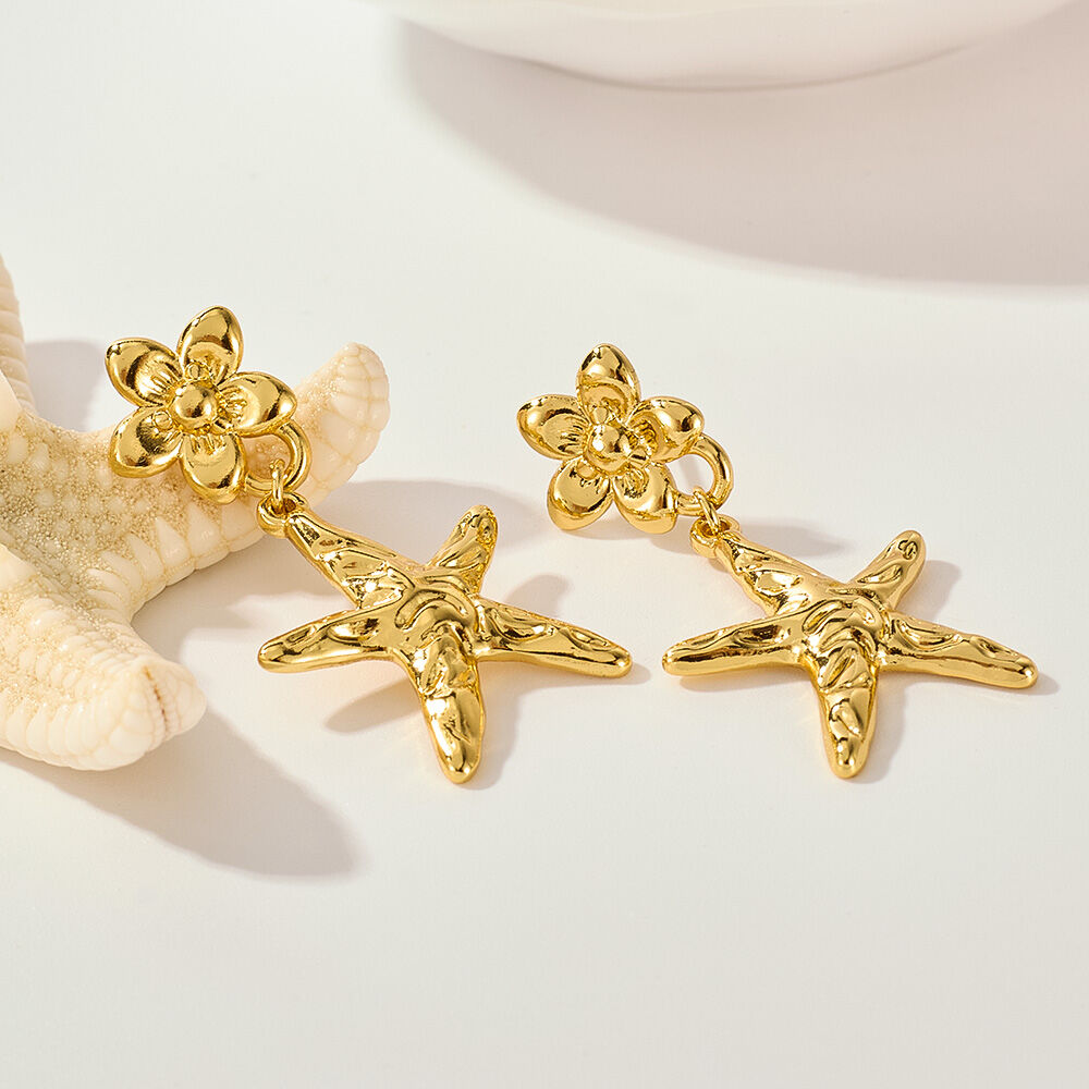 1 paio di orecchini pendenti da donna in acciaio inossidabile a forma di stella marina, impermeabili, color oro h5 Immagine5