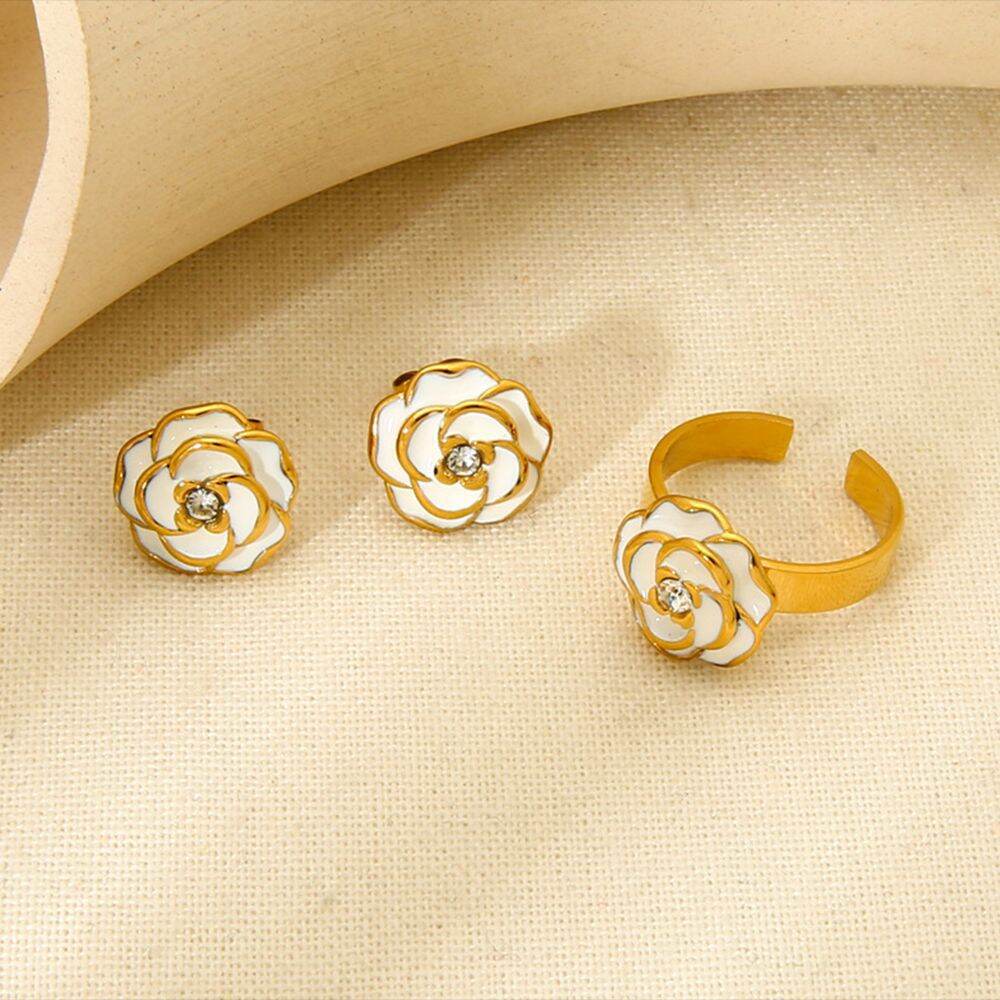 Luxurious  Elegant Flower Stainless Steel Waterproof   Gold Color  Stud Earrings 2