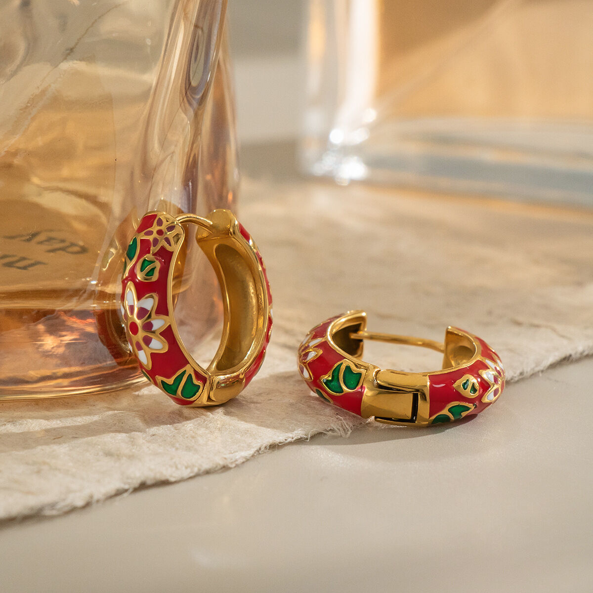 1 Pair Romantic Flower Stainless Steel Waterproof Gold Color Hoop Earrings