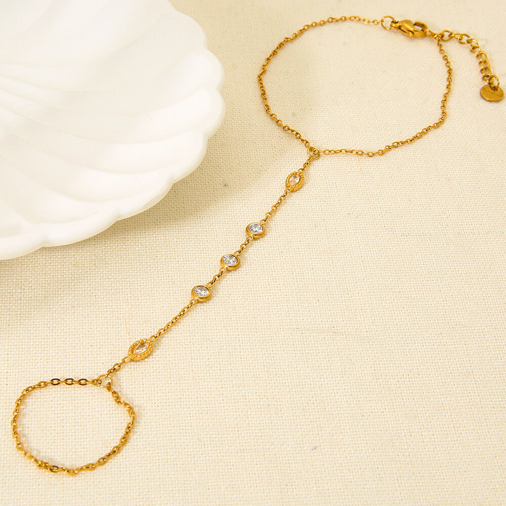 1 Piece Stainless Steel Waterproof Gold Color Zircon Finger-connected Bracelet h5 Picture3