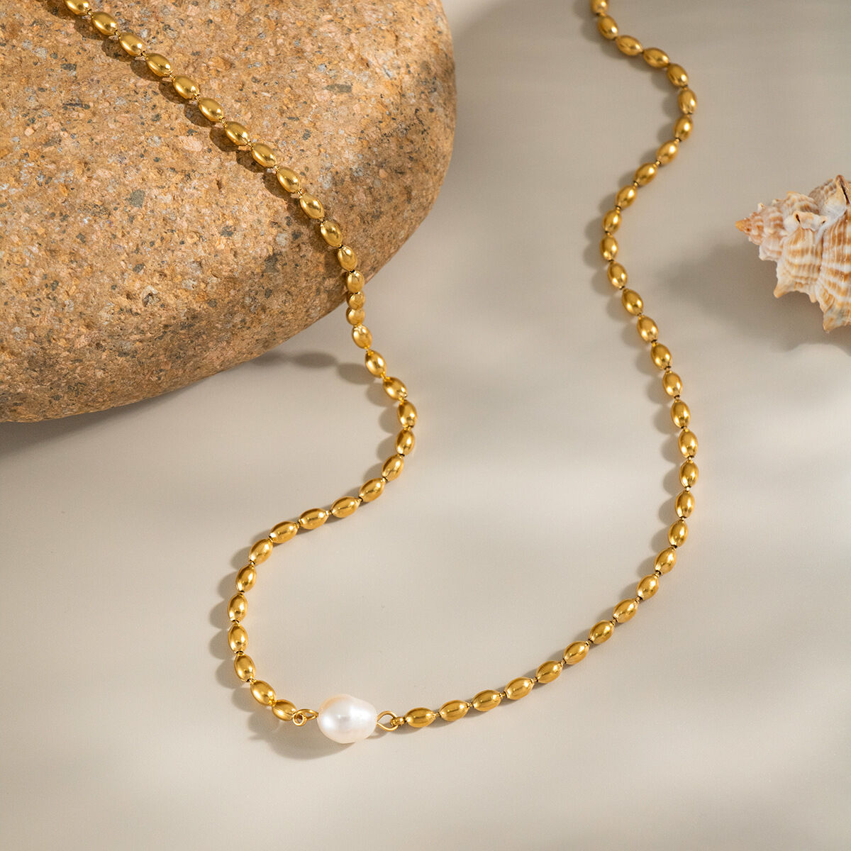 1 Piece Stainless Steel Waterproof Gold Color Beaded Necklace h5 Picture3