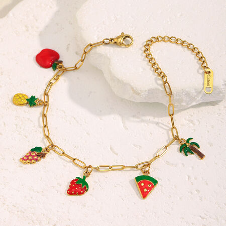 Sweet Cherry Fruit Stainless Steel Waterproof Women's Bracelet