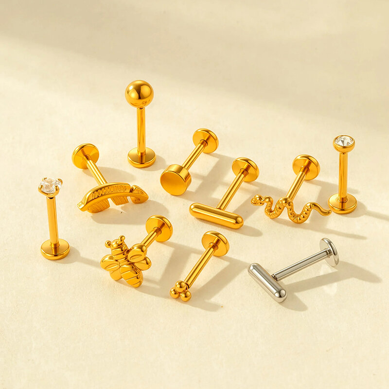 1 Piece Simple Stainless Steel Waterproof Gold Color Zircon Piercings Earring