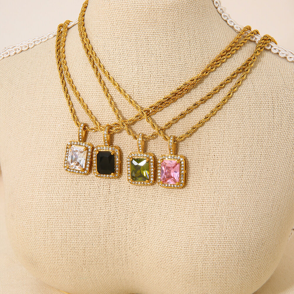 Luxurious Series Classic Geometric Stainless Steel Waterproof   Gold Color  Zircon Necklaces