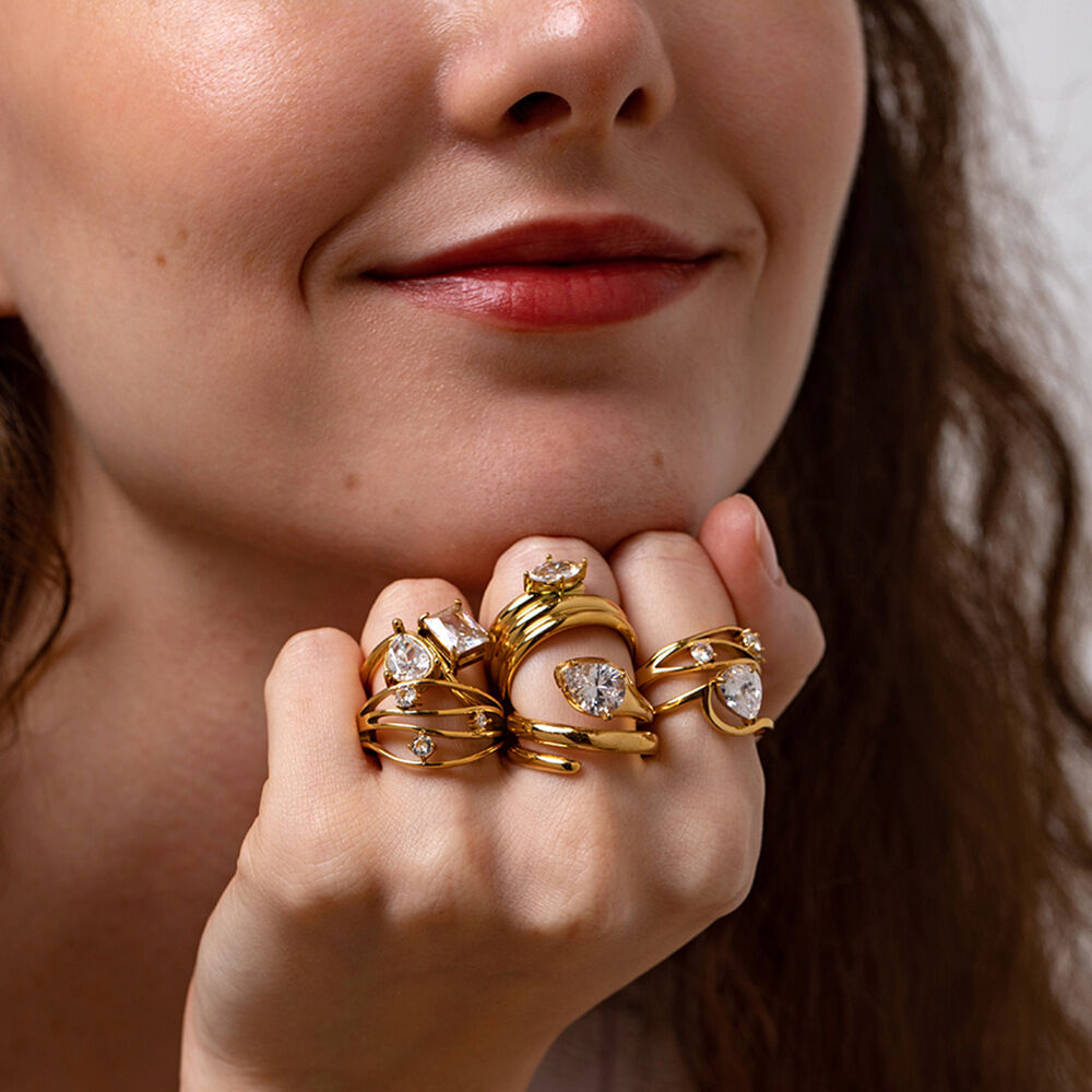 Luxurious Series Elegant Geometric Stainless Steel Waterproof Gold Color  Zircon Ring Sets h5 Picture2
