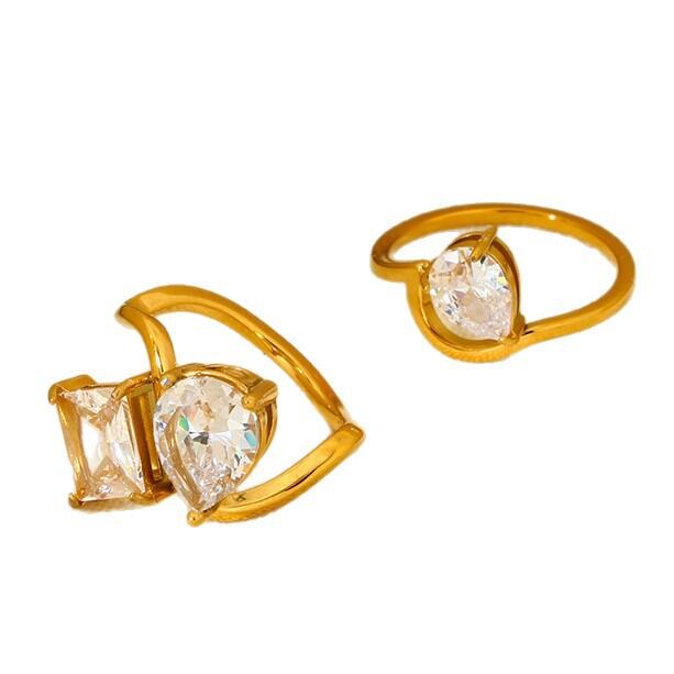 Luxurious Series Elegant Geometric Stainless Steel Waterproof Gold Color  Zircon Ring Sets h5 Picture5