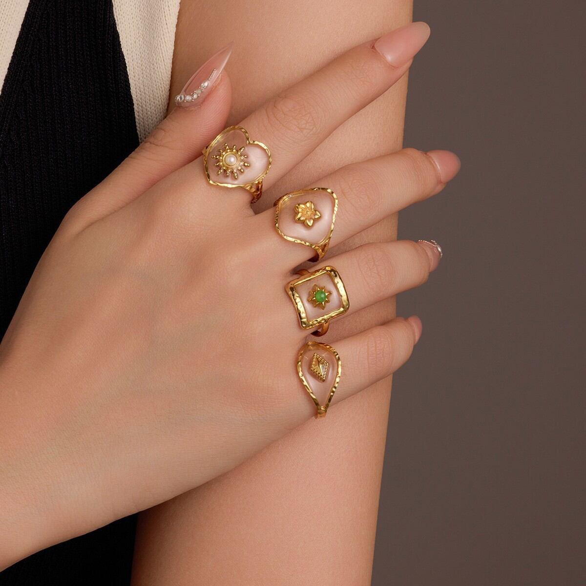 Sweet Flower Stainless Steel Waterproof Gold Color Women's Adjustable Rings Picture2