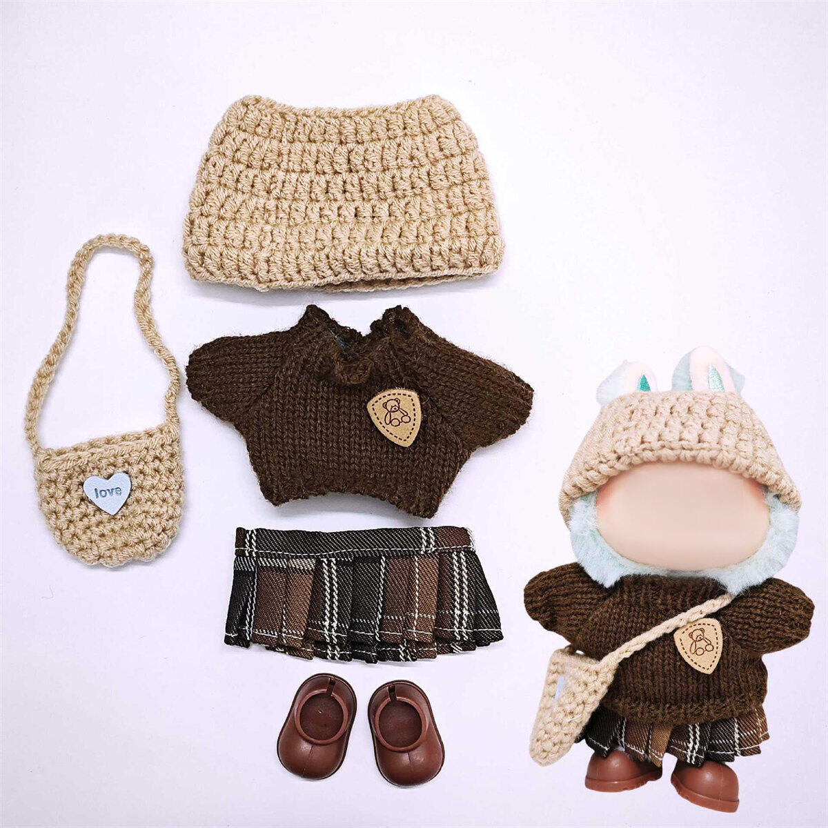 Brown Sweater, Hat, Small Bag, Skirt And Shoes Five-Piece Set [Doll Not Included] 