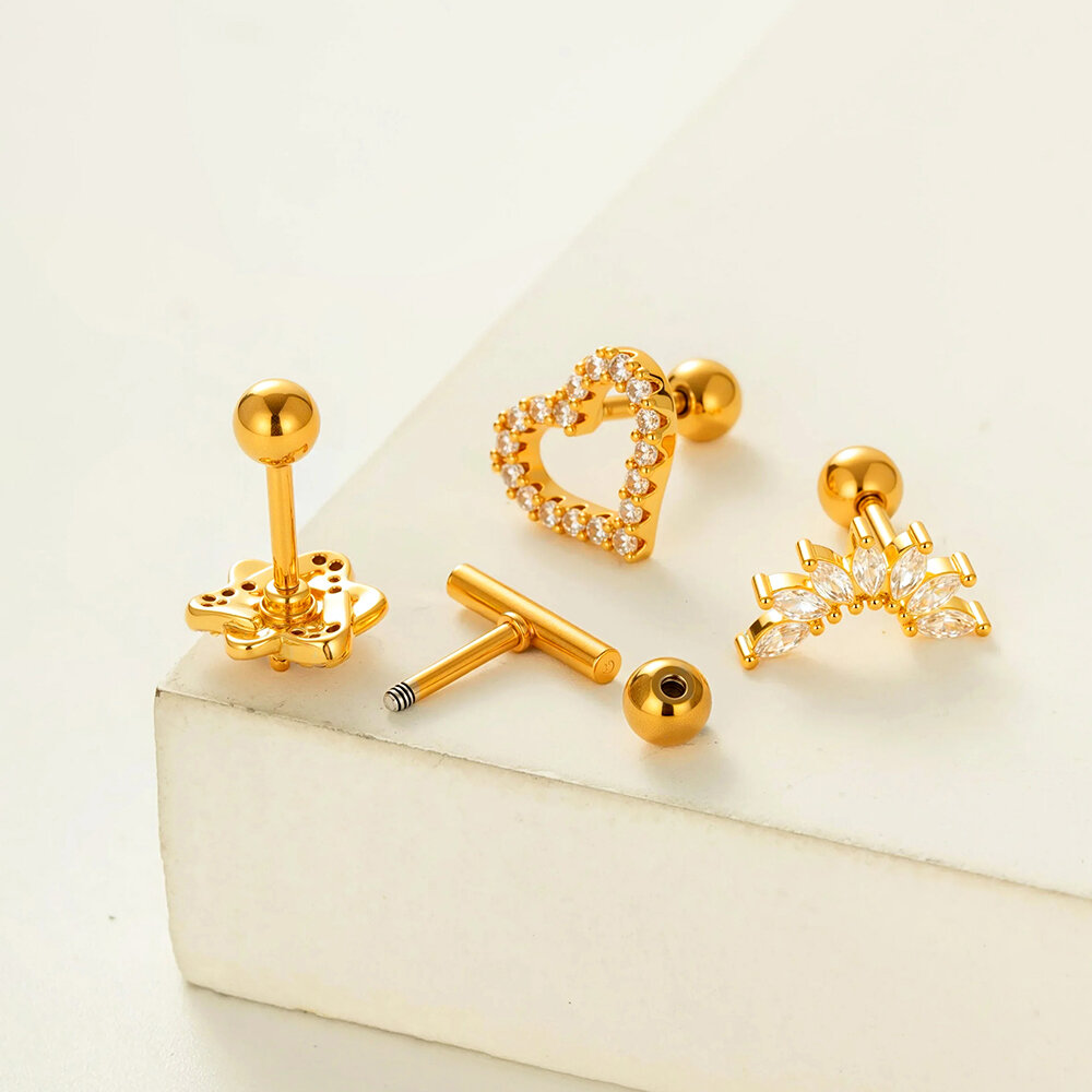 1 Adet Bakır Altın Rengi Zirkonyum Piercing Küpe Resim3