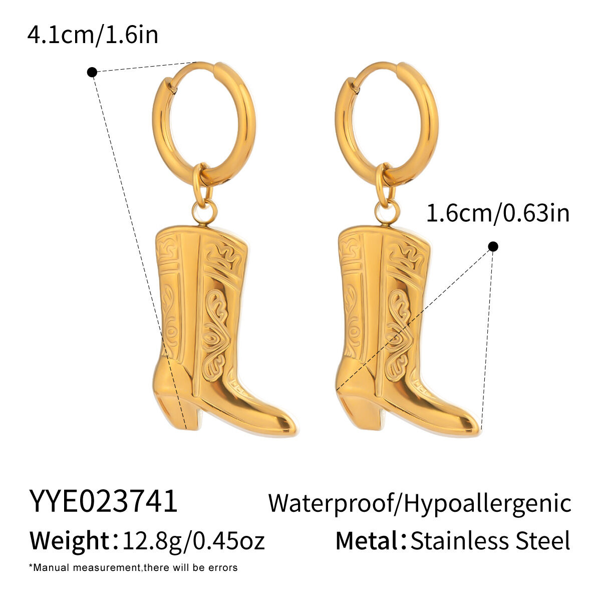 1 Pair Boots Stainless Steel Waterproof Gold Color Drop Earrings 