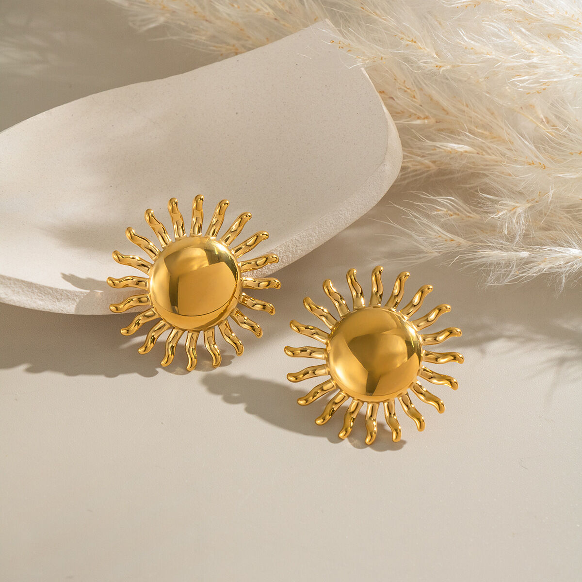 1 Pair Sun Stainless Steel Waterproof Gold Color Stud Earrings