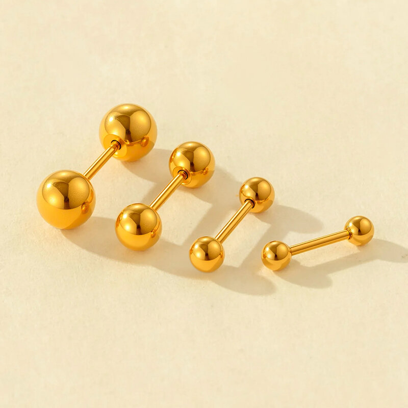 1 par de pendientes de piercing esféricos sencillos de acero inoxidable, resistentes al agua, color dorado, para mujer