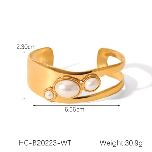 1 Pair Simple Series Daily Stainless Steel Waterproof Gold Color Pearl Women's Bangles h5 Picture2