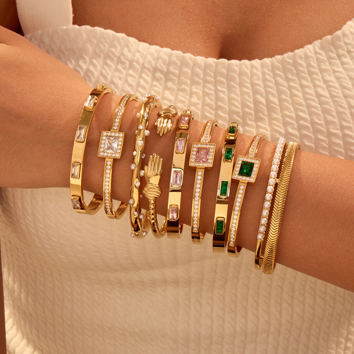 Luxurious Series Daily Geometric Stainless Steel Waterproof Gold Color Women's Cuff Bracelets