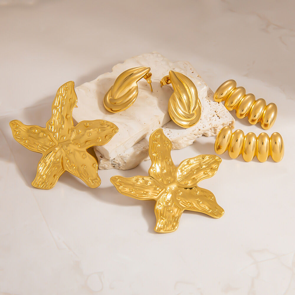 Orecchini a bottone da donna in acciaio inossidabile geometrico, impermeabili, color oro, con pietra naturale h5 Immagine2
