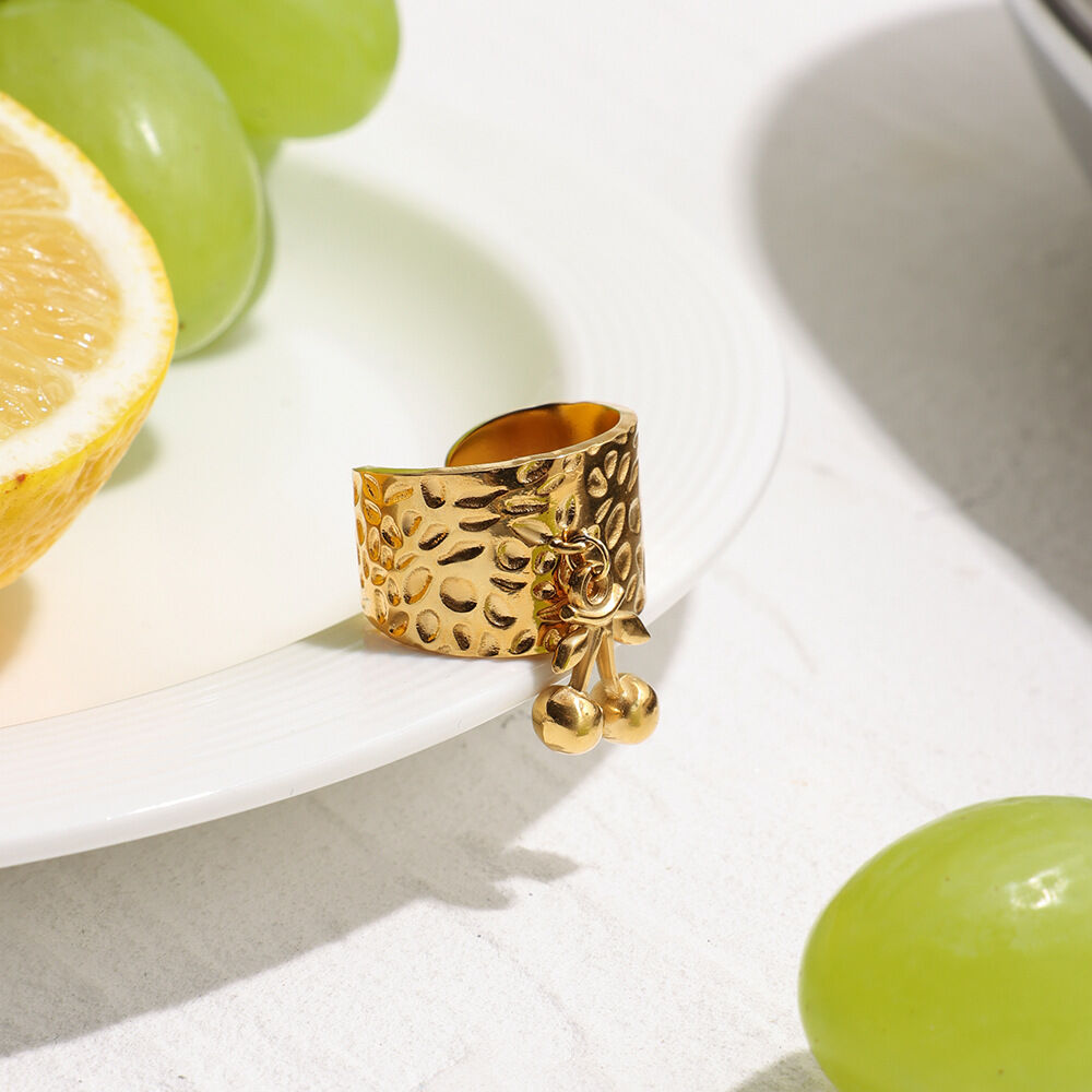 1 Piece Romantic Series Cherry Stainless Steel Waterproof Gold Color Statement Rings