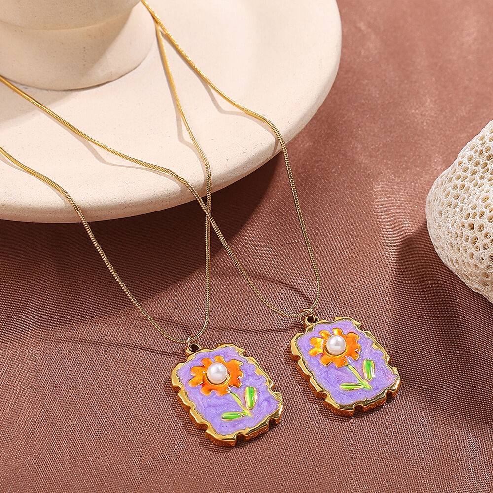 1 Piece Enamel Flower Stainless Steel Waterproof Gold Color Pendant Necklace