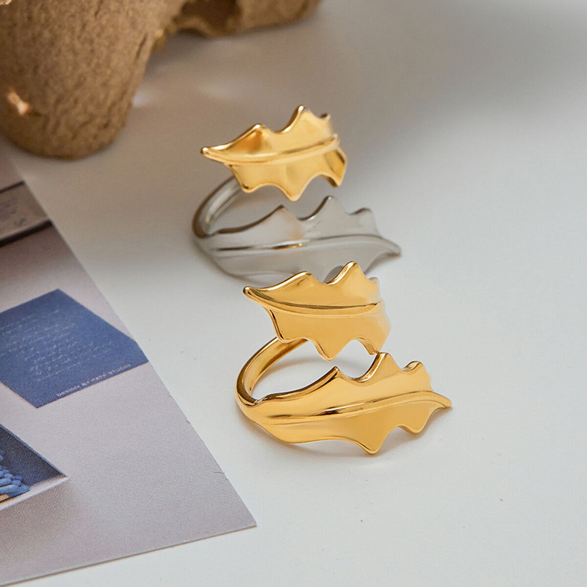 1 Piece Designable Series Natural Leaf Stainless Steel Waterproof Gold Color Statement Rings 2