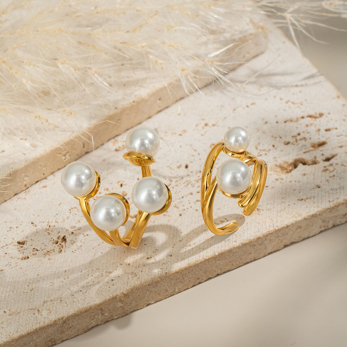 1 Piece Stainless Steel Waterproof Gold Color Pearl Statement Ring