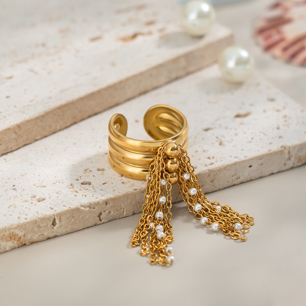 1 Piece Luxurious Stainless Steel Waterproof Gold Color Statement Ring