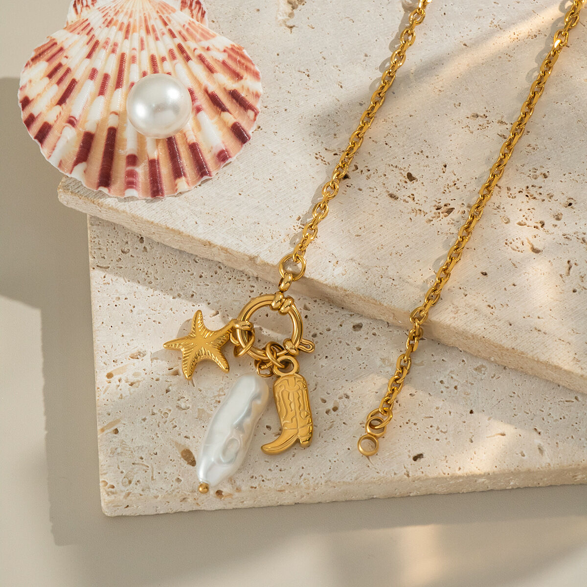 Collier pendentif en forme d'étoile de mer, en acier inoxydable étanche, couleur or, avec perle (1 pièce) 2