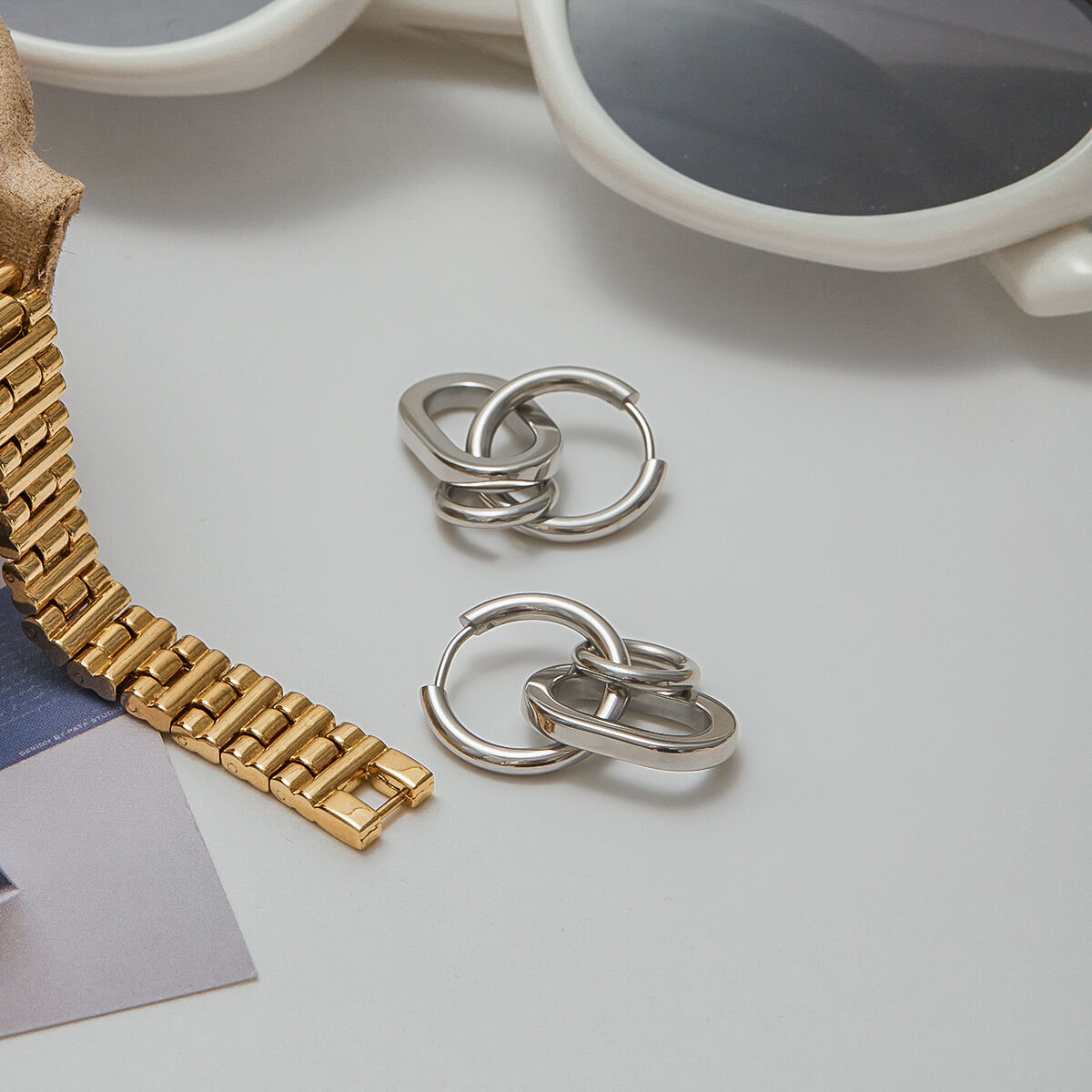 1 Pair Personality Round Stainless Steel Waterproof Gold Color Women's Drop Earrings h5 Picture8