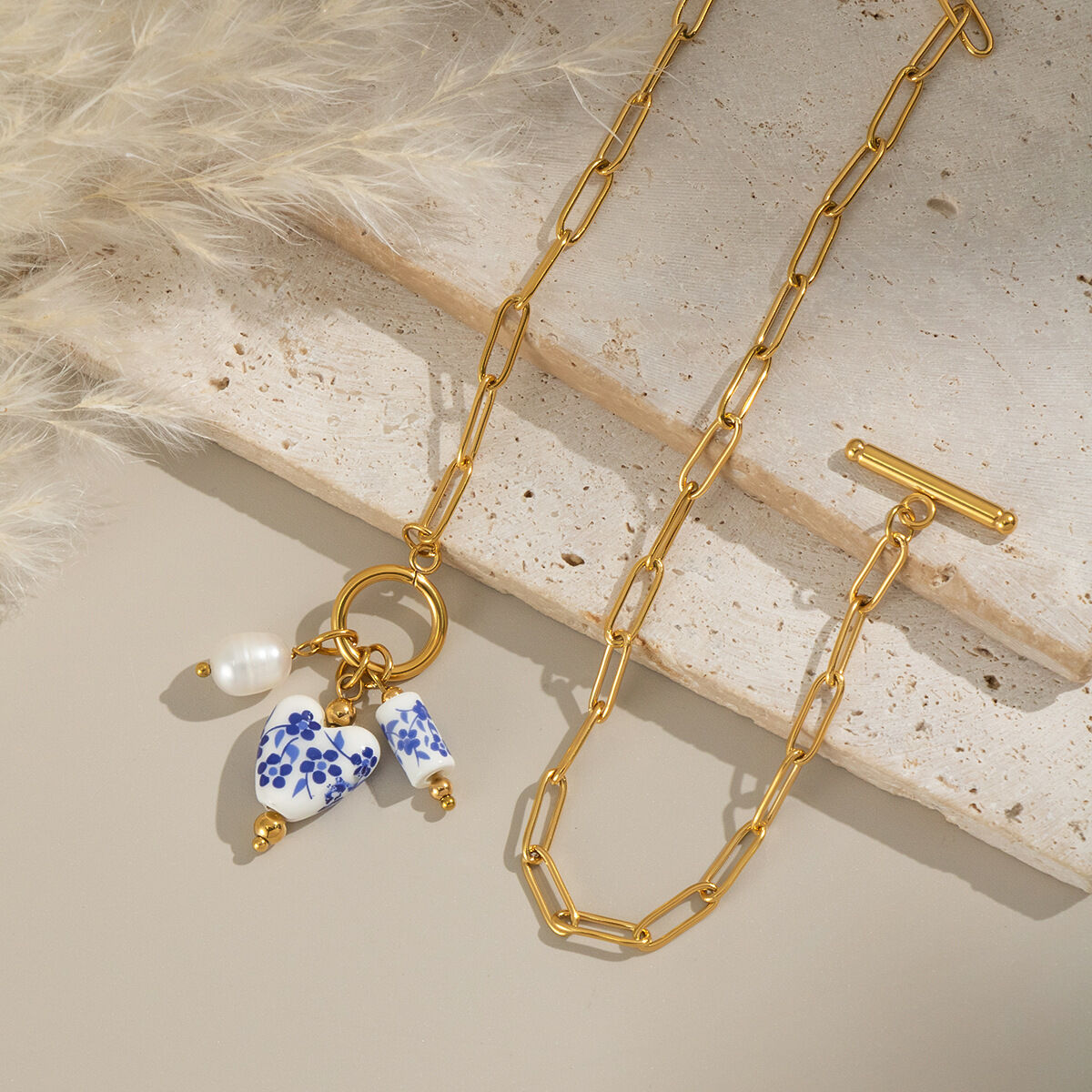 1 Piece Ceramic Flower Stainless Steel Waterproof Gold Color Pendant Necklace h5Picture4