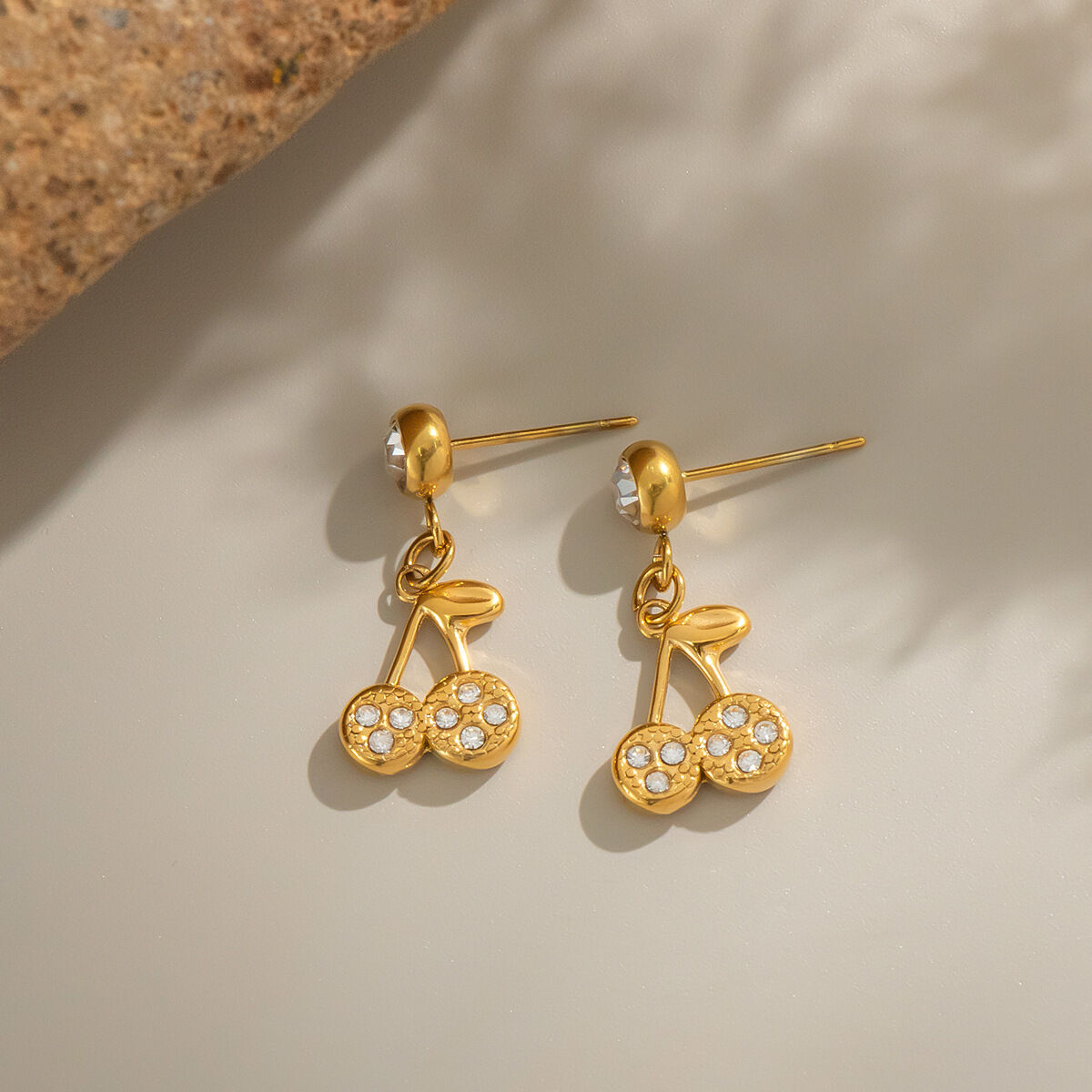 1 Pair Cherry Stainless Steel Waterproof Gold Color Drop Earrings