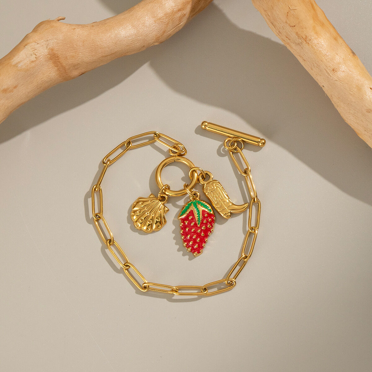 1 Piece Strawberry Stainless Steel Waterproof Gold Color Charm Bracelet 2