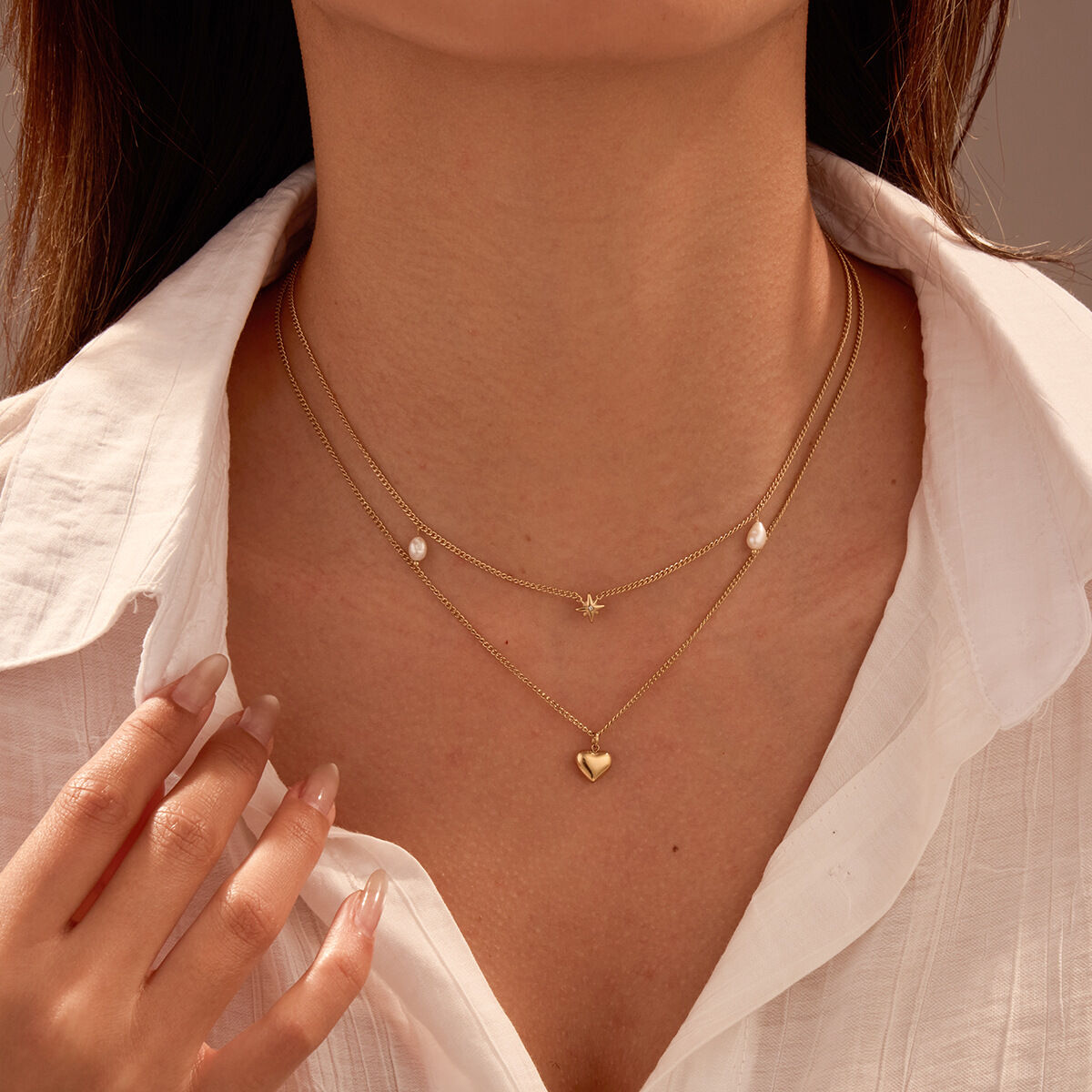 Simple Series Daily Heart Stainless Steel Waterproof Gold Color Women's Layered Necklaces