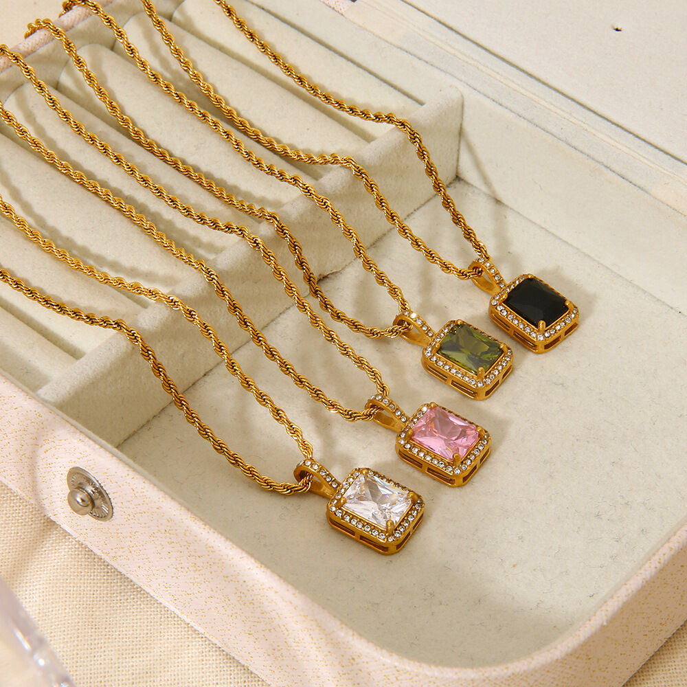 Luxurious Series Classic Geometric Stainless Steel Waterproof   Gold Color  Zircon Necklaces 2