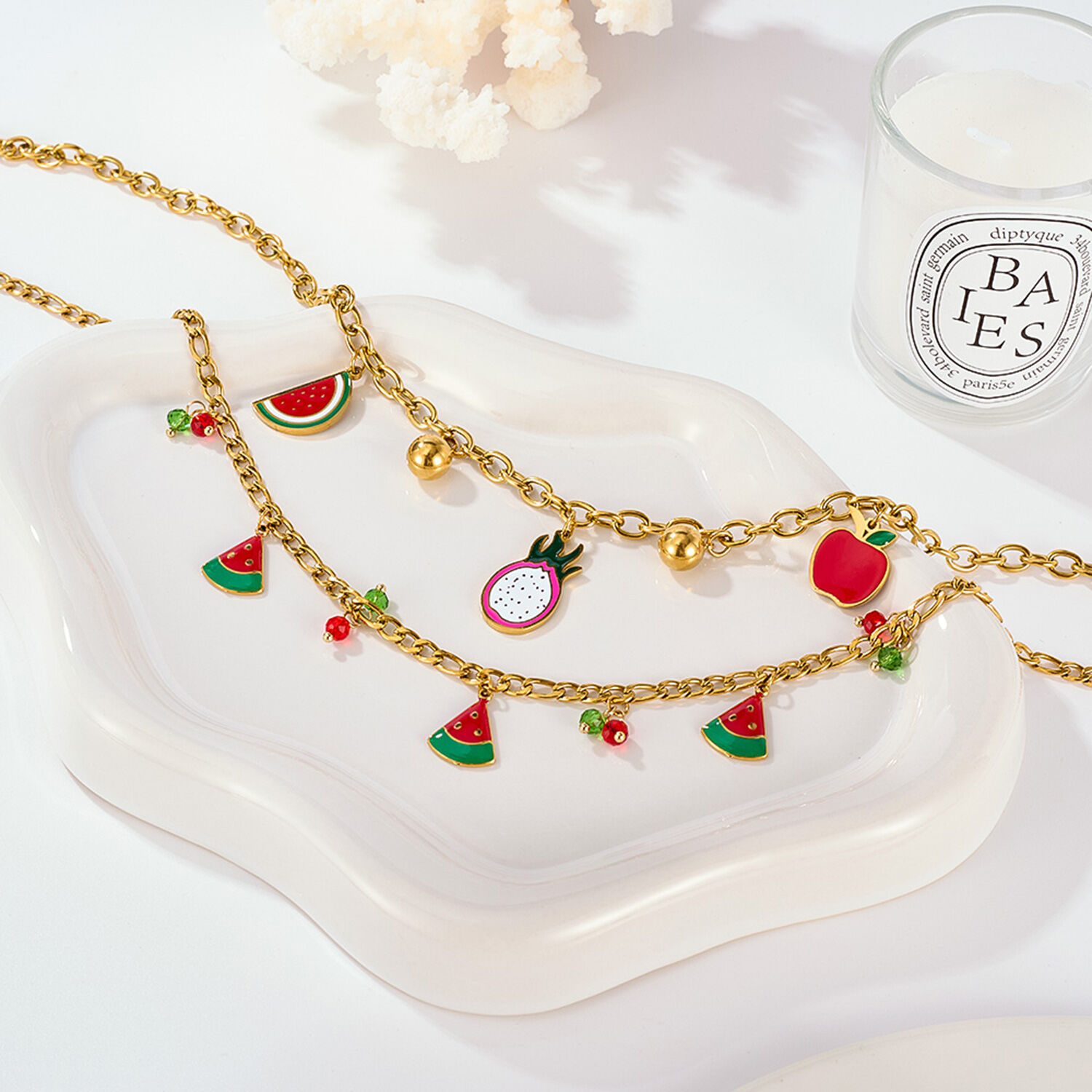 1 pezzo di collana con ciondolo da donna in acciaio inossidabile impermeabile color oro con frutti policromi Immagine4