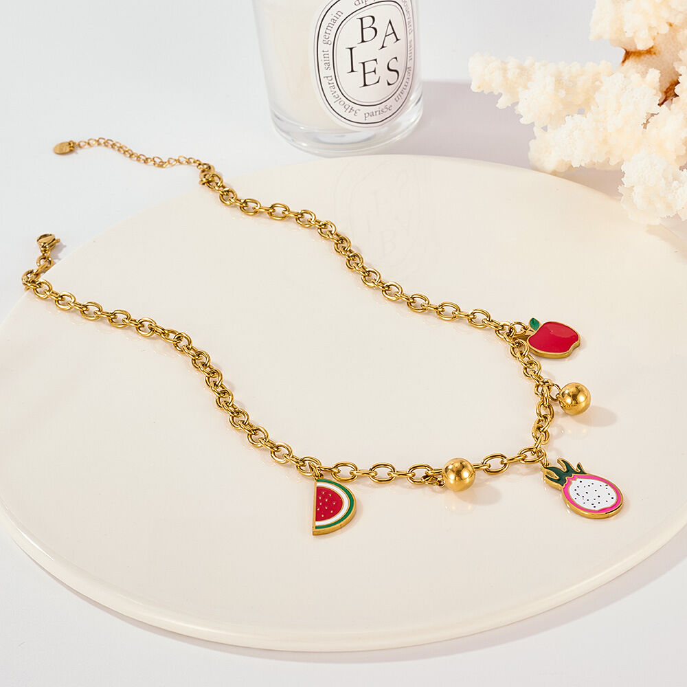1 pezzo di collana con ciondolo da donna in acciaio inossidabile impermeabile color oro con frutti policromi h5 Immagine3