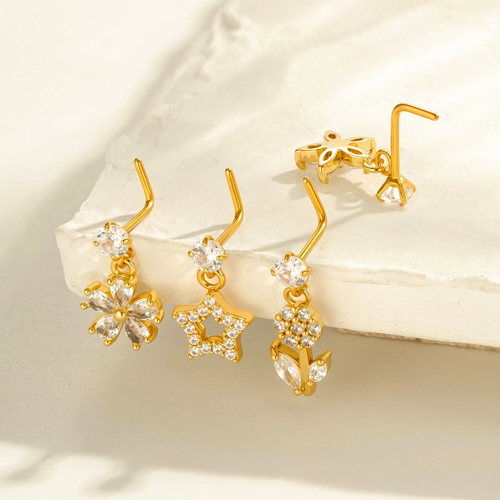 1 Piece Simple Series Simple Sun/Moon Copper Gold Color Zircon Women's Nose Stud Picture3