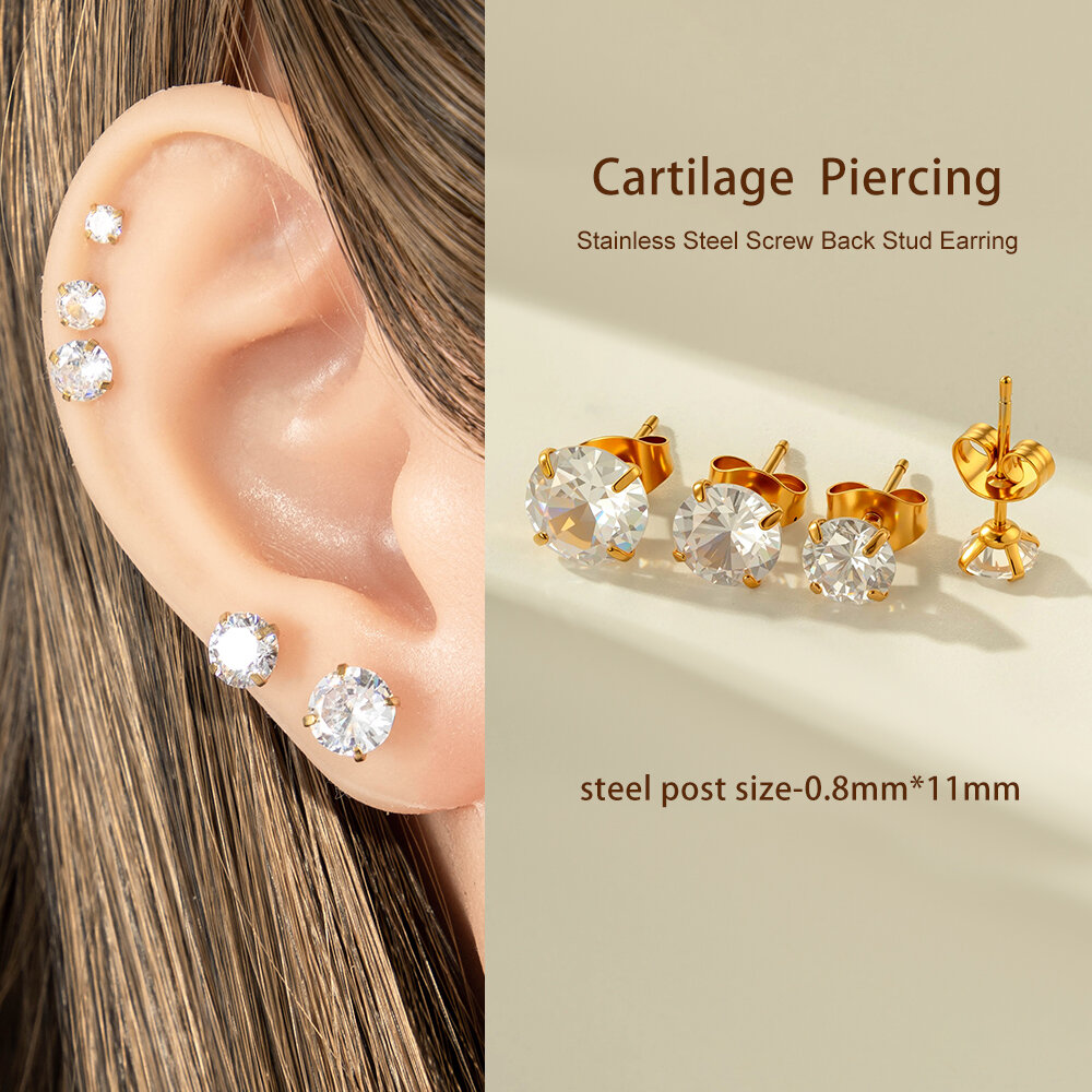 1 Piece Simple Stainless Steel Waterproof Gold Color Zircon Piercings Earring Picture4